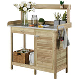 Topeakmart Garden Potting Bench Potting Table ACQ Lumber Wood Outdoor Work Station Work Bench Planting with Cabinet & Drawer & Top Shelf & Lower Shelf Light Green Topeakmart