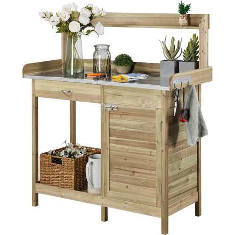 Topeakmart Garden Potting Bench Potting Table ACQ Lumber Wood Outdoor Work Station Work Bench Planting with Cabinet & Drawer & Top Shelf & Lower Shelf Light Green Topeakmart