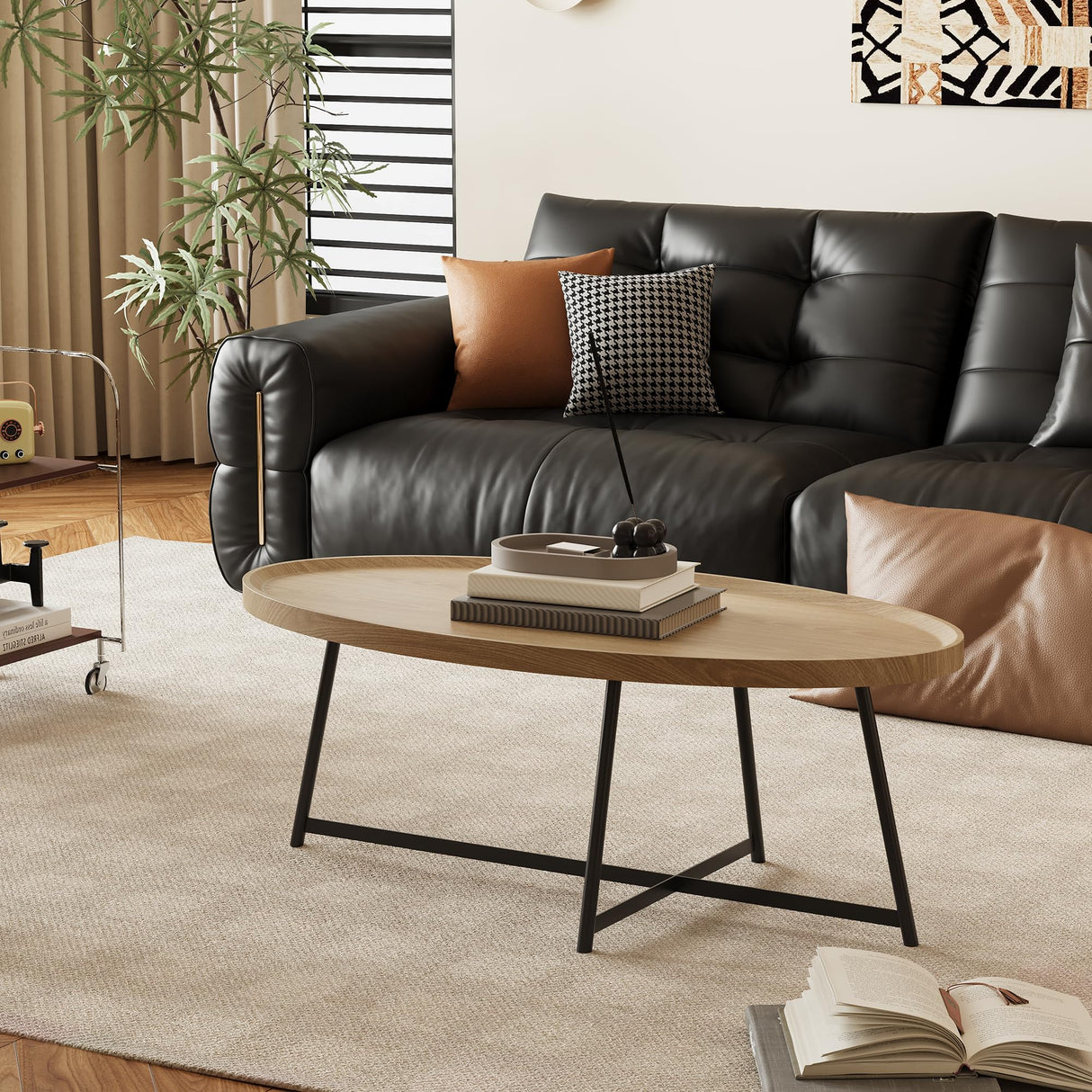 Modern Coffee Table, Oval Wood Coffe Table Center Table with Metal Leg for Living Room, 47 Inch Coffee Tables Accent Furniture (Oval Coffee Table, Nature) THRONKENGER