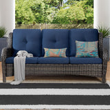Joyside Outdoor Patio Couch Wicker Sofa - 3 Seater Rattan Sofa for Outside Patio Garden with Deep Seating and Olefin Cushions(Mixed Grey/Blue) Joyside