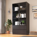 Wildhome Display Cabinet with Glass Doors & 2 Drawers,LED Lights Glass Display Case,Showcase for Collections, Curio Cabinets, Bookcase and Glassdoor Display Cabinet(Black- 2 Drawers) Wildhome