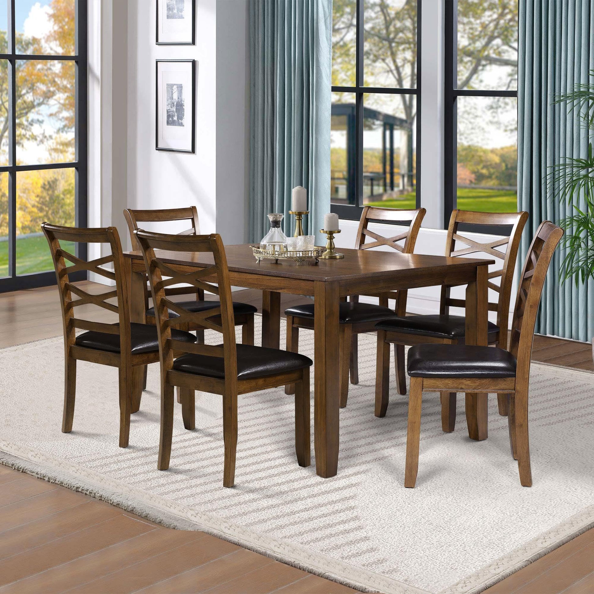 GEPOW Dining Set for 6, Rubber Wood Dining Table with 6 Cushioned Chairs Rustic Kitchen Table, 60" L x 36" W x 30" H - WoodArtSupply