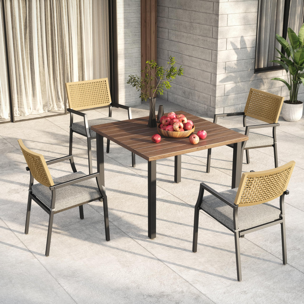 Grand patio Dining Set 5-Piece, Outside Dining Set for 4, 5 Pieces Patio Furniture Sets, Outdoor Furniture with 4 Open Weave Chairs and Square Wood Grain Table Top with Umbrella Hole for Yard Grand patio