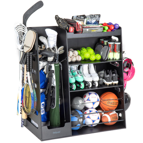 GoSports Premium Wooden Sports Equipment Organizer with Storage Hooks - Golf Bag Rack and Multi-Sport Ball Bin for Garage GoSports