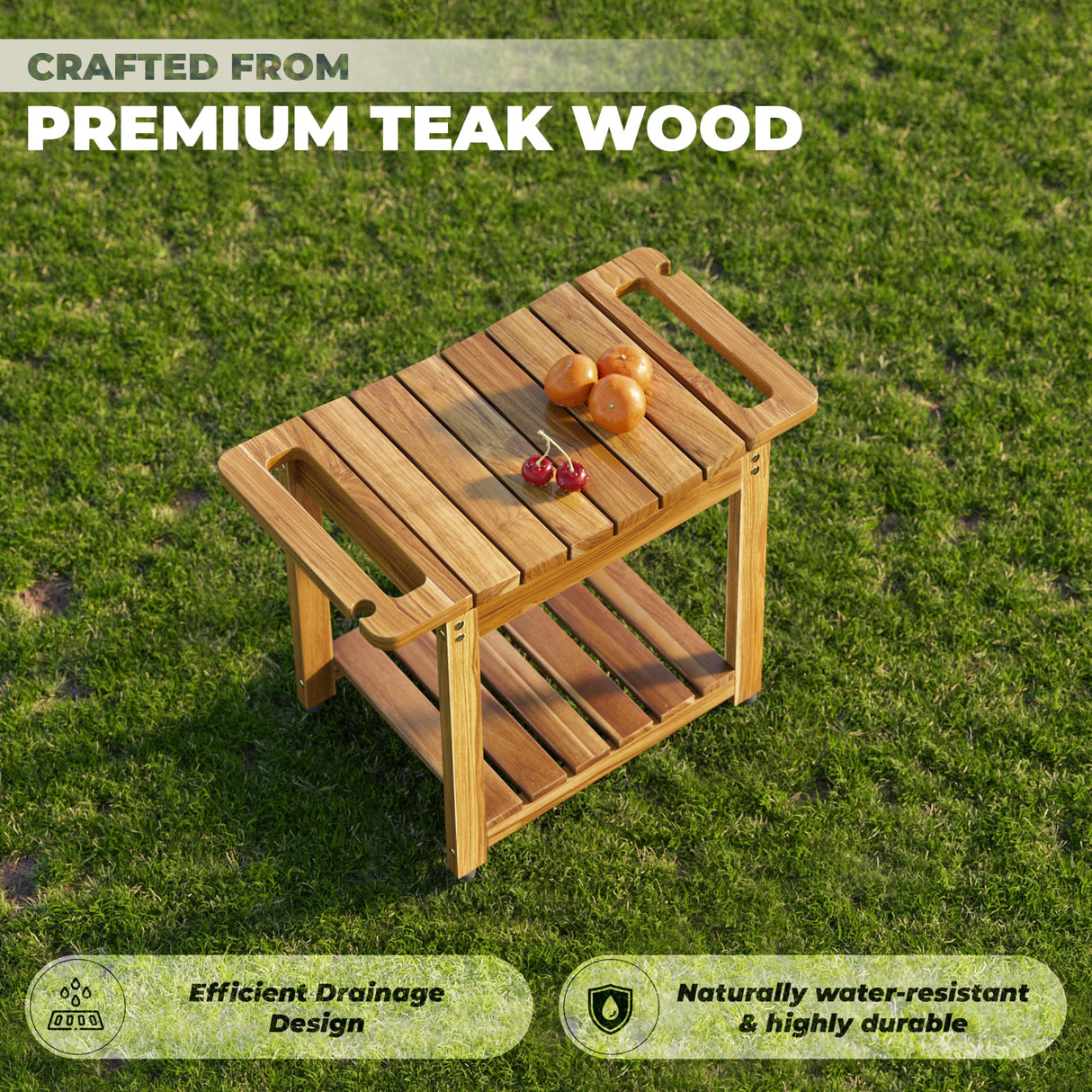 LotusSway Teak Shower Bench Seat with Storage Shelf, Wood Shower Benches for Inside Shower to Sit on, Teak Shower Stool & Spa for Elderly with Shower Head Holder & Built in Handle for Bathroom/Outdoor LotusSway