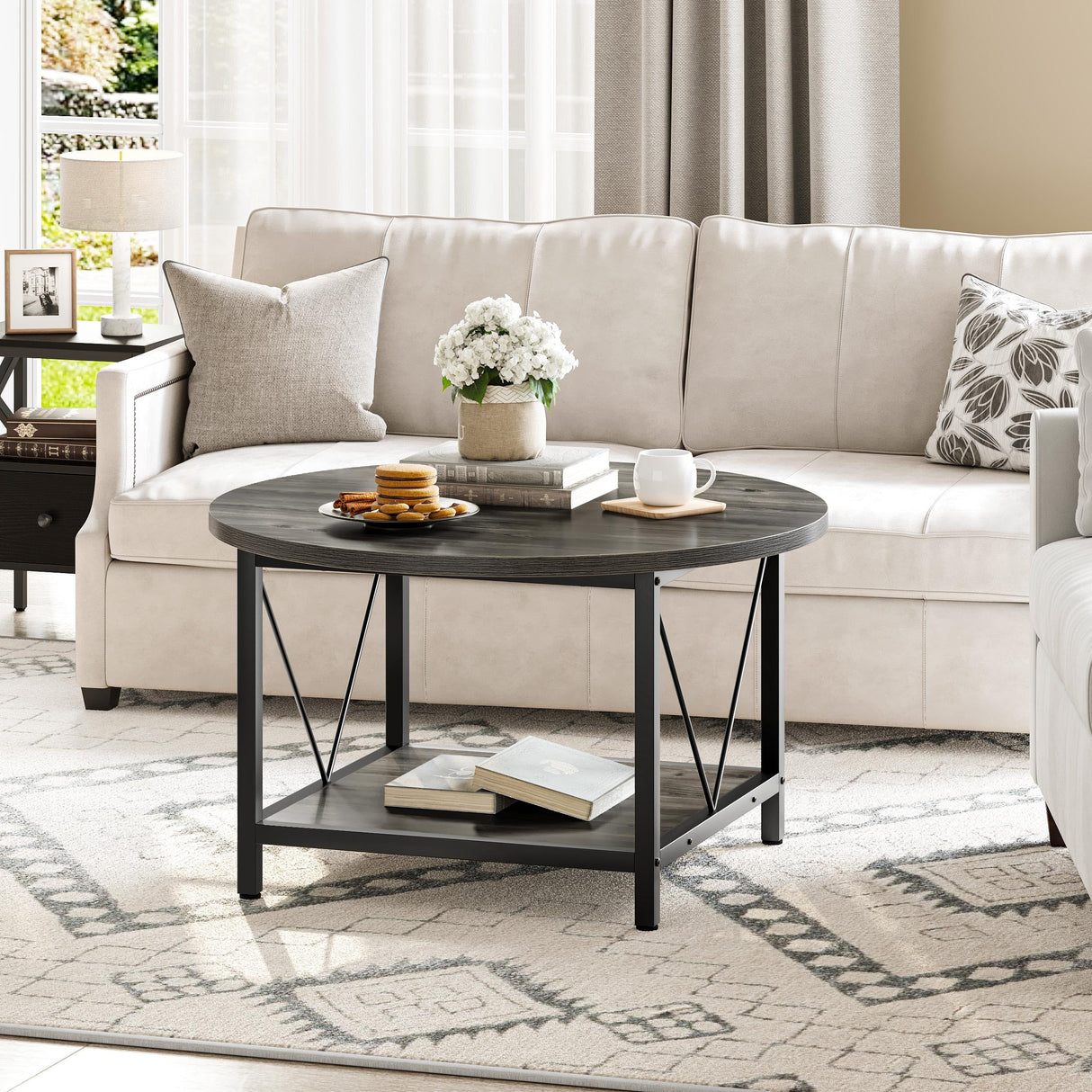 YITAHOME Coffee Tables for Living Room, Round Small Coffee Table with Storage, 2 Tier Modern Coffee Table, Wood Circle Center Table with Metal Frame, Dark Grey YITAHOME