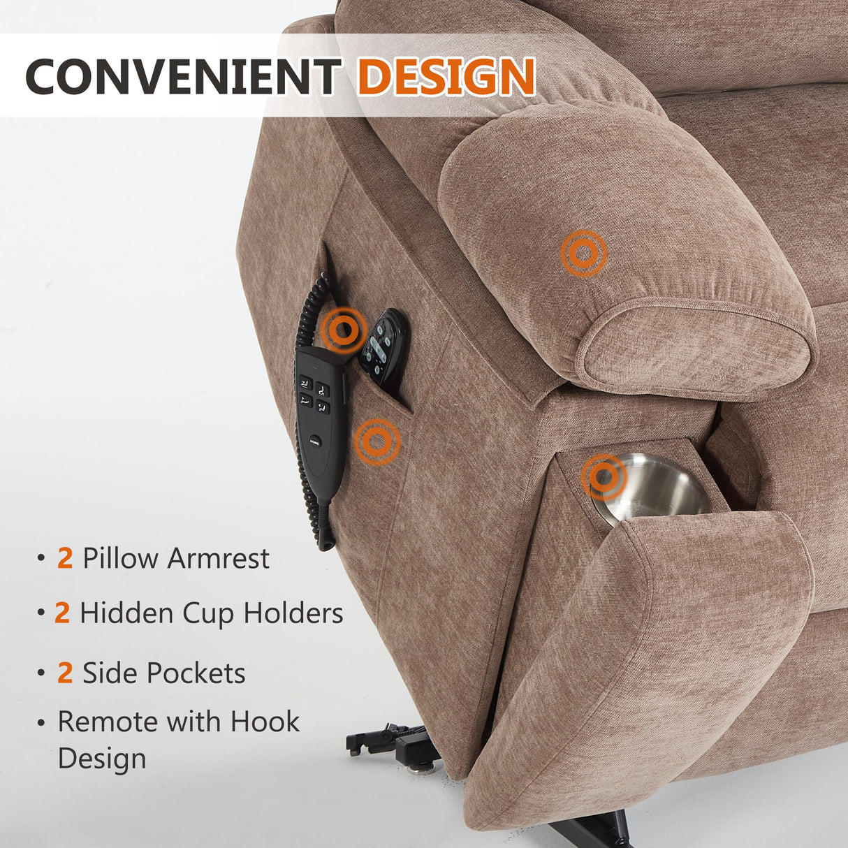 Dual Motor Power Lift Chair for Elderly with Vibration Massage and Lumbar Heating for Living Room, Electric Lay Flat Recliner with Cup Holders Remote Controls, Medium-Firm Chenille Fabric, Brown EZZUP