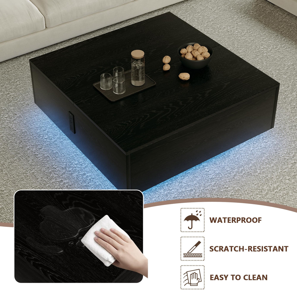 Square Lift Top Coffee Table, 31.5" Wooden Coffee Table with 2 Drawers & Hidden Storage, LED Lights & Charging Station, Mid Century Modern Center Table for Living Room Home Office (Black) YKVIQBY