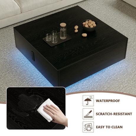 Square Lift Top Coffee Table, 31.5" Wooden Coffee Table with 2 Drawers & Hidden Storage, LED Lights & Charging Station, Mid Century Modern Center Table for Living Room Home Office (Black) YKVIQBY