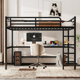 KEIKI Metal Queen Size Loft Bed with Power Outlet and LED Lighted, Space-Saving, Noise Reduced, Black KEIKI
