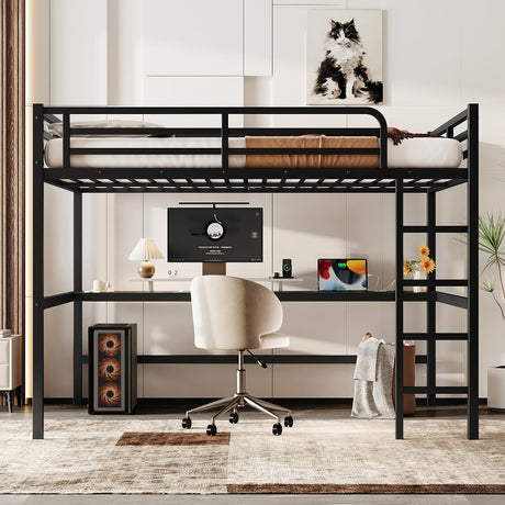 KEIKI Metal Queen Size Loft Bed with Power Outlet and LED Lighted, Space-Saving, Noise Reduced, Black KEIKI