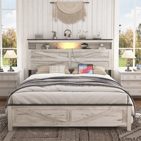 madeslves Farmhouse Wooden Bed Frame Queen Size with Storage Headboard, Boho Platform Bedframe with LED Lights and Charging Station, Metal Slats Support, No Box Spring Needed, White madeslves