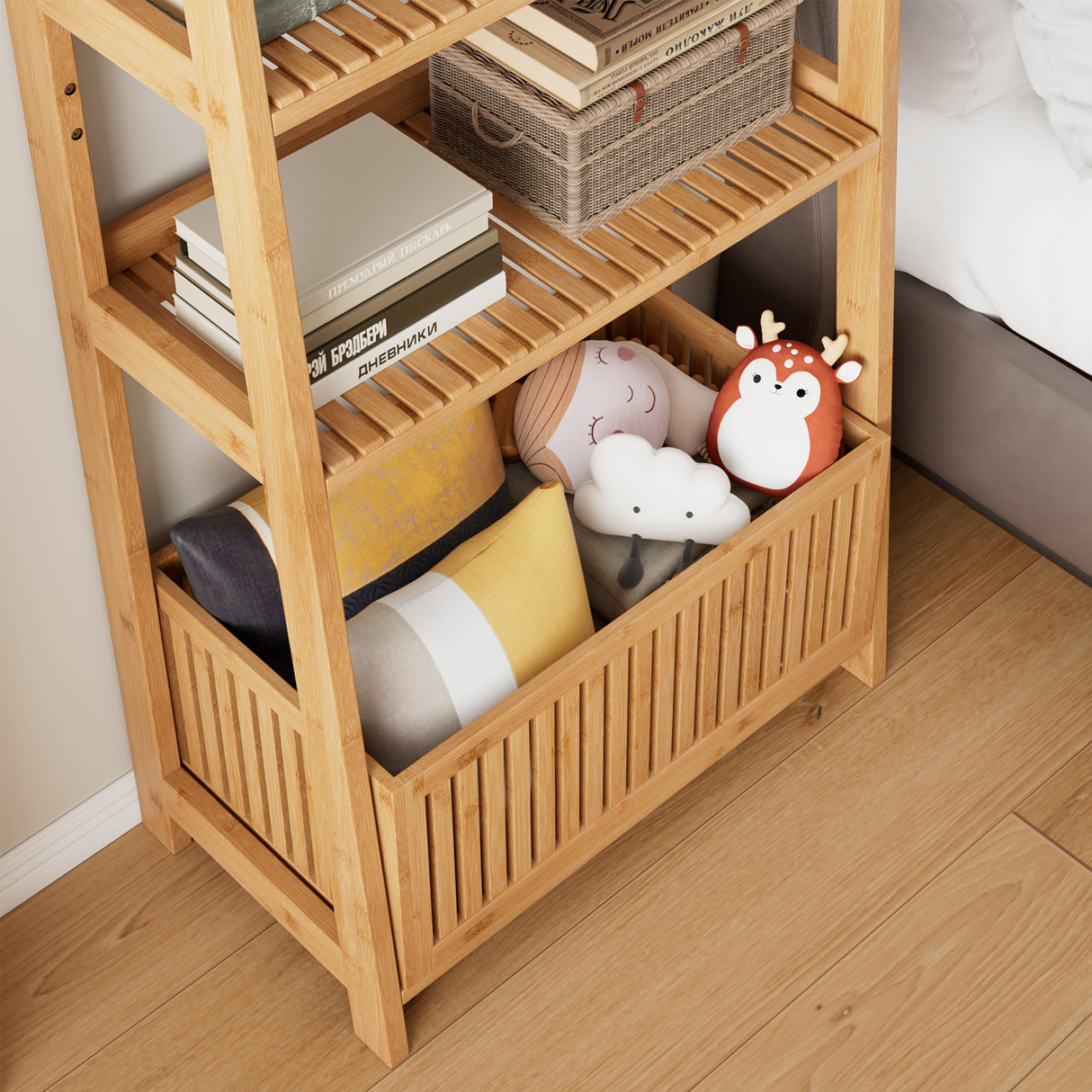 Bamjoy Bamboo Ladder Shelf, Bookshelf with 4 Display Shelves and 1 Open Storage Basket, Multifunctional Storage Rack Organizer for Home Office, Bedroom, Living Room, 66” H Natural Bamjoy