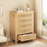Natural Rattan Dresser for Bedroom with 5 Drawers, Wood Boho Chest of Drawers with Gold Metal Handle, Matte Top Bedroom Tall Dresser with Large Drawers for Living Room, Closet, Hallway, (Nartual Oak) Jocoevol