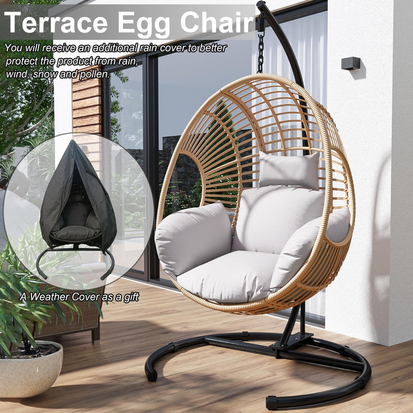 Breezluxe Hanging Egg Chair with Stand - Egg Swing Chair Outdoor Indoor Patio Wicker Chair Swing Hammock Egg Chairs 400lbs Capacity for Outside Patio, Bedroom, Garden and Balcony (Biege) 1