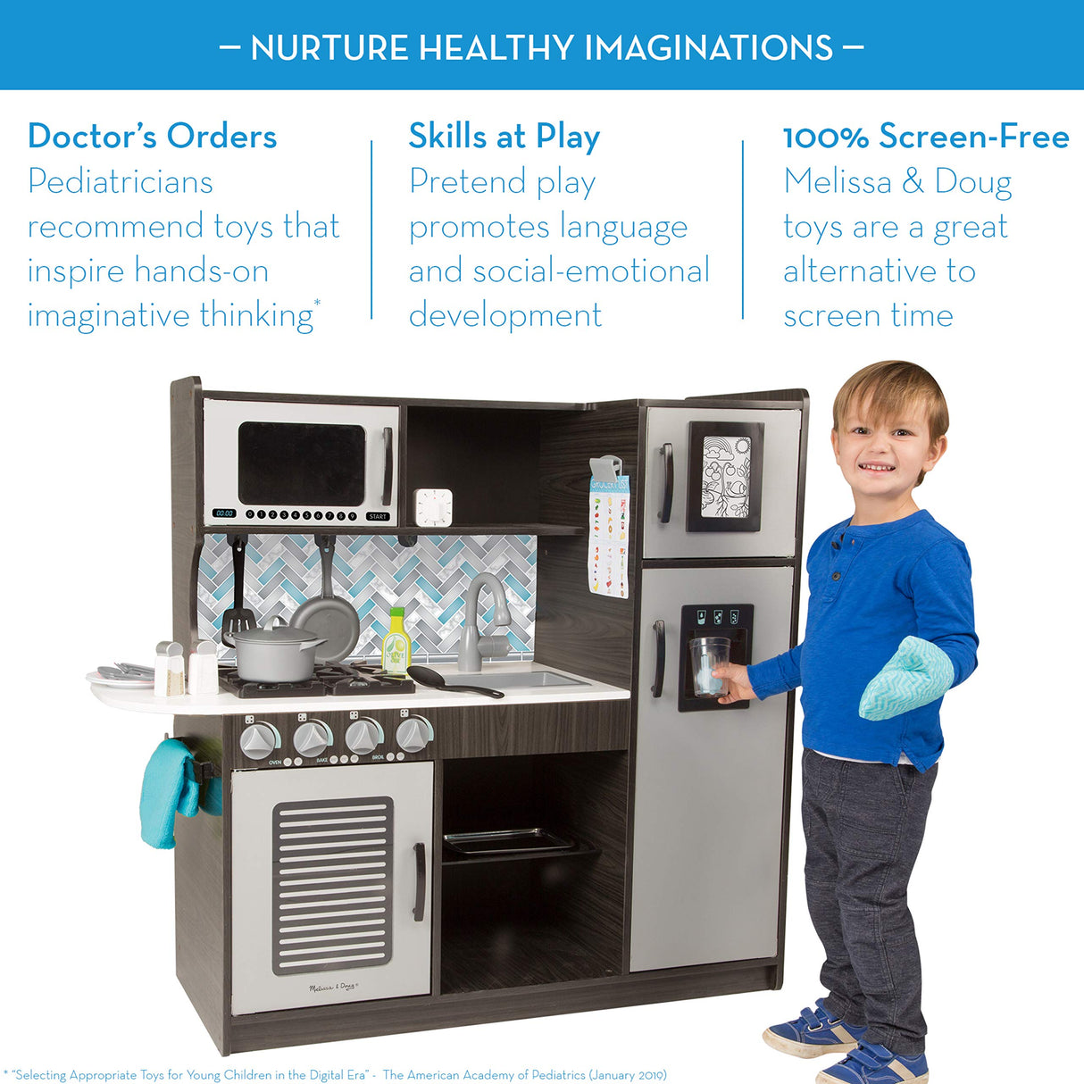 Melissa & Doug Wooden Chef’s Pretend Play Toy Kitchen With “Ice” Cube Dispenser – Charcoal Gray - Kitchen Play Set For Toddlers And Kids Ages 3+ Melissa & Doug