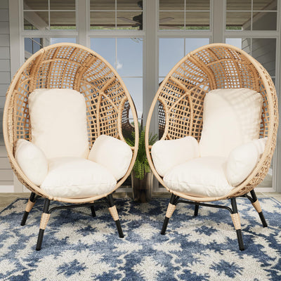 TQKVIPI 2 pcs Oversized Wicker Egg Chair Outdoor Indoor - Rattan Patio Egg Lounge Chairs with Cushion 500lbs Capacity for Living Room, Balcony, Backyard