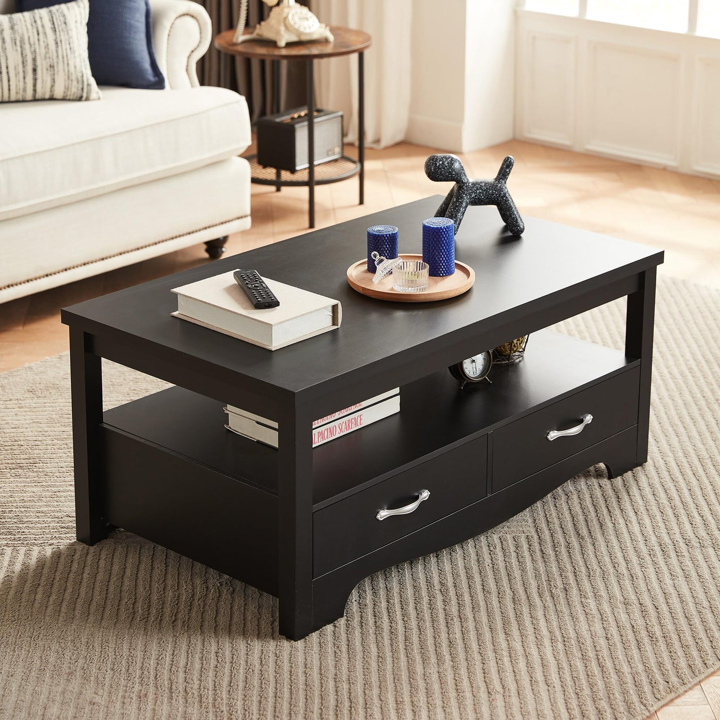 LINSY HOME Farmhouse Coffee Table with Storage, Wood Coffee Table for Living Room, Open Display Area and Storage Drawers with Metal Handles, Chic Style with Curved Base, Black - WoodArtSupply