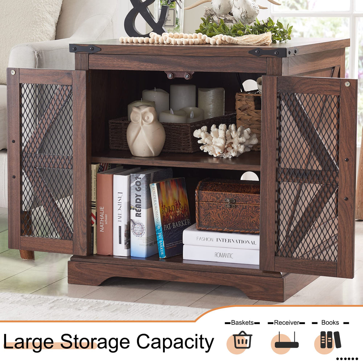 JXQTLINGMU Farmhouse End Table, 24" Large Sofa Side Table with Charging Station, Mesh Barn Door, and Adjustable Storage Shelf, Rustic Wood Square Nightstand for Living Room, Bedroom, Office, Brown JXQTLINGMU