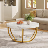 Tribesigns Modern Round Coffee Table, 2 Tier Coffee Table with Faux White Marble and Golden Metal Legs, Circle Center Table Tea Table Accent Furniture for Living Room, White and Gold Tribesigns