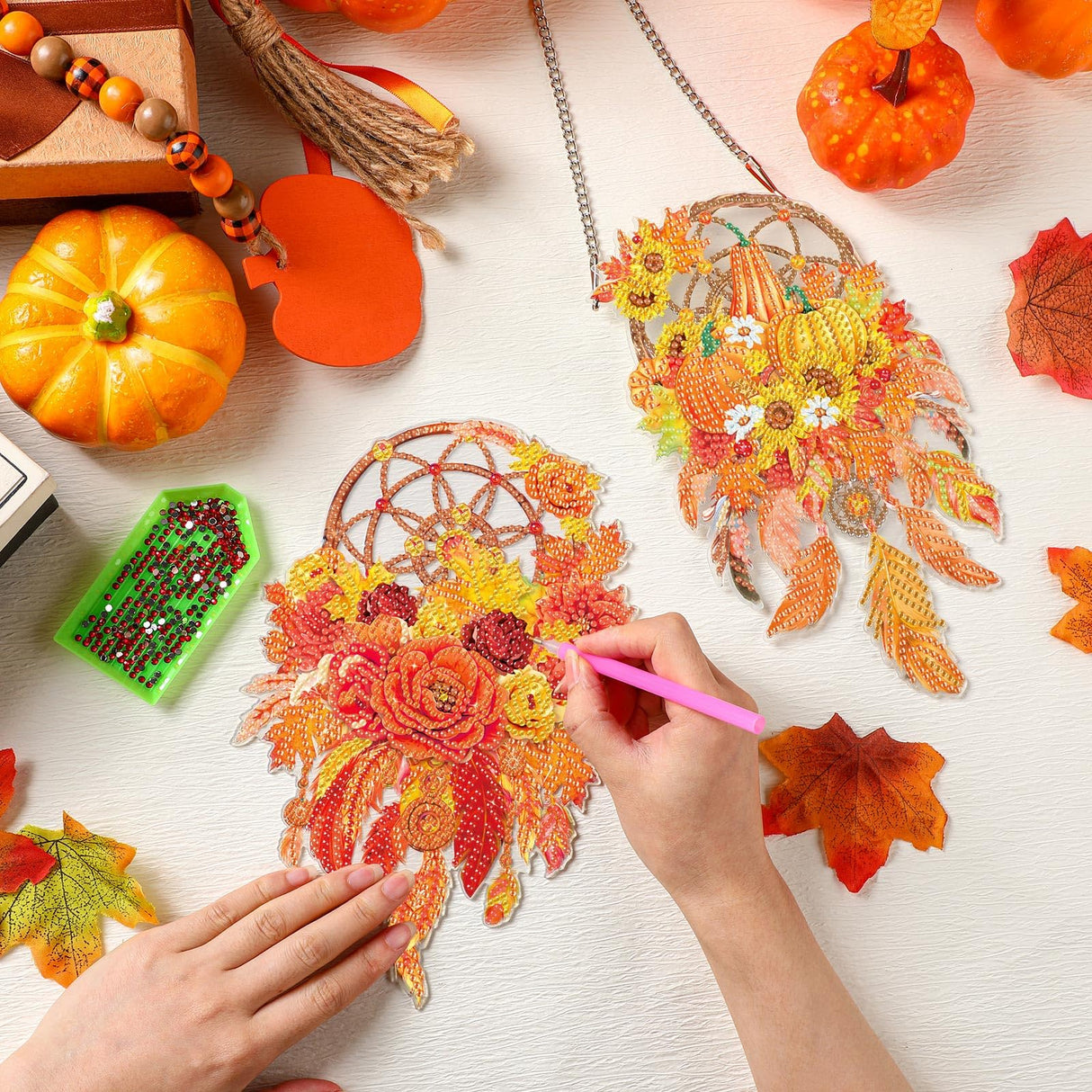 Saillong 2 Pcs Fall Thanksgiving Diamond Art Hanging Kits for Adults DIY Thanksgiving Diamond Painting Suncatcher Fall Pumpkin Dream Catcher Hanging Decor Autumn Wind Chime Decor for Home Wall Window Saillong
