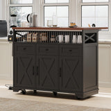 XD Designs 46.5'' Farmhouse Kitchen Island with Power Outlet and Drop Leaf, Wood Rolling Kitchen Cart on Wheels with 3 Doors, 3 Drawers, Drape of Beads and Internal Iron Shelf (Black-3.19) XD Designs