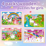 Puzzles for Kids Ages 4-6,Unicorn Princess Wooden Jigsaw Puzzles 4 Packs Puzzles for Kids Ages 3-5,24 Pcs Educational Preschool Toddler Puzzle,Unicorn Toys Gifts for 3 4 5 6 Years Old Girls Boys Sticeard