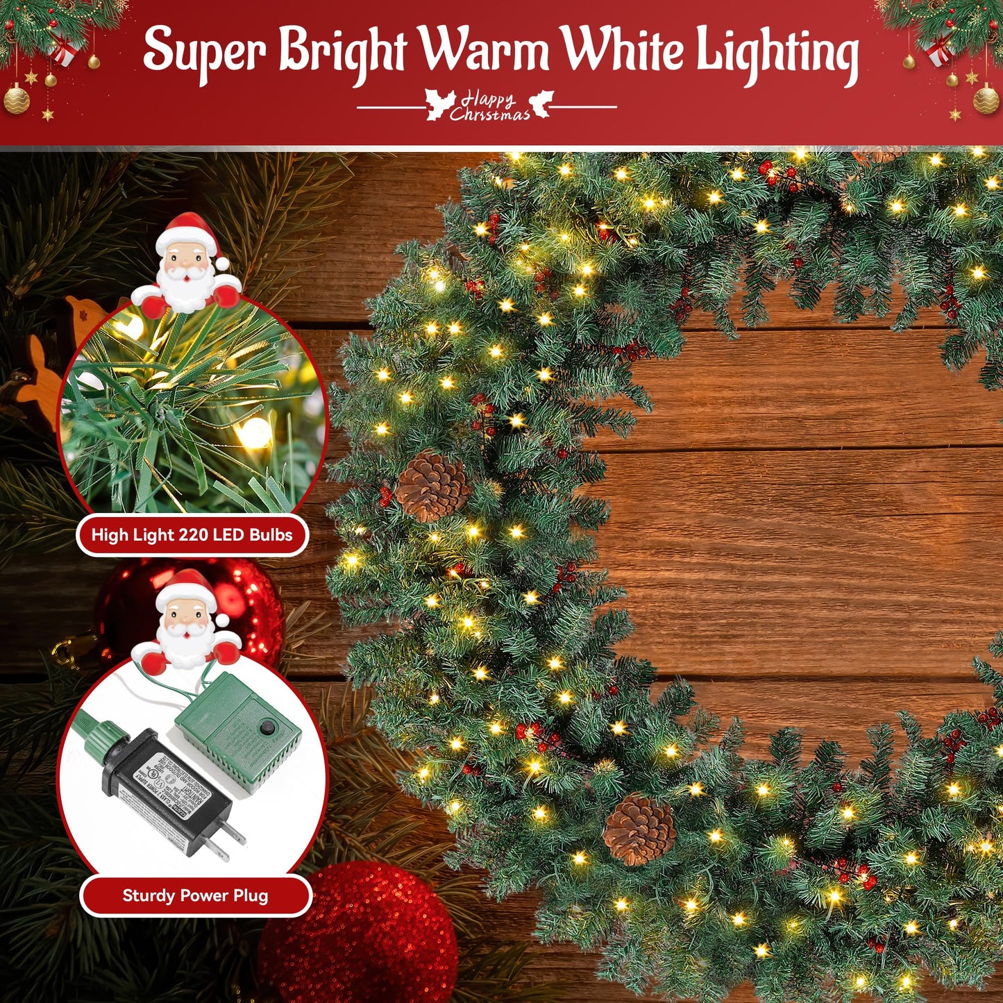 Prelit Christmas Wreath 60 Inches Large Outdoor Christmas Wreath 220 Warm White LED Lights, Artificial Lighted Christmas Wreath Winter Wreath with 630 PVC Tips Vivid Pine Cones and Berry Clusters