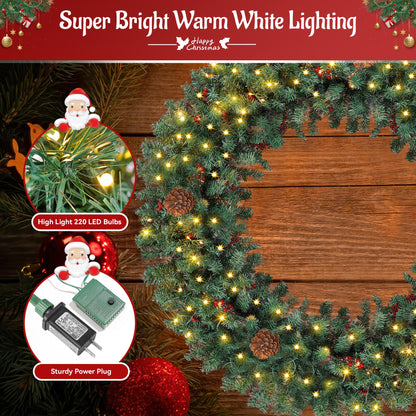 Prelit Christmas Wreath 60 Inches Large Outdoor Christmas Wreath 220 Warm White LED Lights, Artificial Lighted Christmas Wreath Winter Wreath with 630 PVC Tips Vivid Pine Cones and Berry Clusters