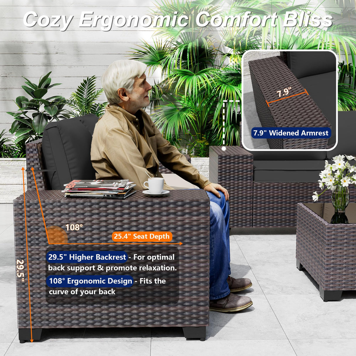 ASJMR Outdoor Patio Furniture Set, 6 Pieces Outdoor Sectional Furniture High Backrest Patio Sofa, All-Weather PE Rattan Patio Conversation Set with Coffee Table & Cushions-Black ASJMR