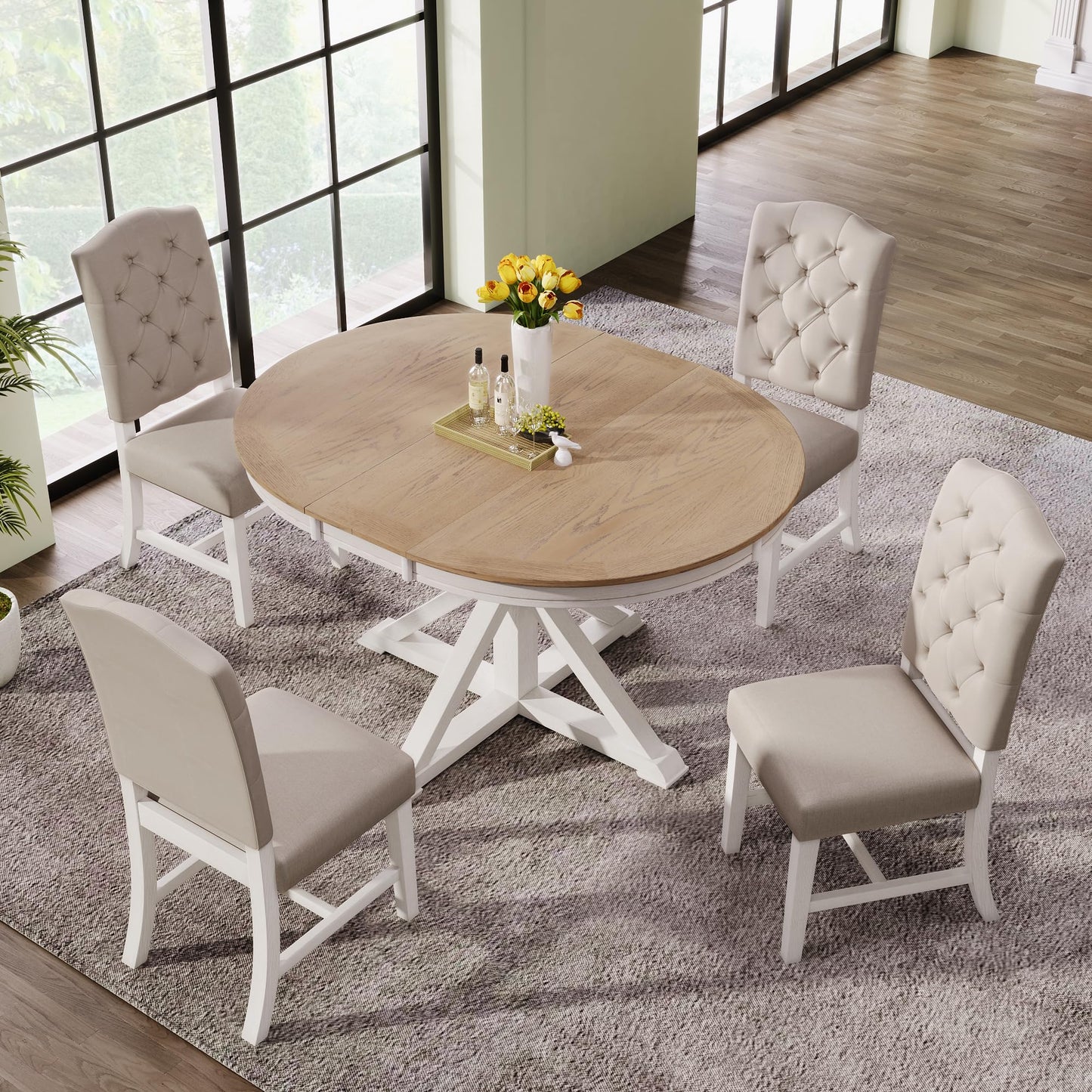 Merax 5 Piece Kitchen Extendable Dining Table Set, Wood Round Dining Table Set with Extendable Table and 4 Upholstered Chairs for Dining Room, Living Room (Oak Natural Wood + Off White)