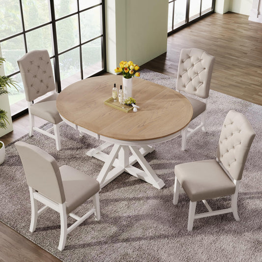 Merax 5 Piece Kitchen Extendable Dining Table Set, Wood Round Dining Table Set with Extendable Table and 4 Upholstered Chairs for Dining Room, Living Room (Oak Natural Wood + Off White) - WoodArtSupply