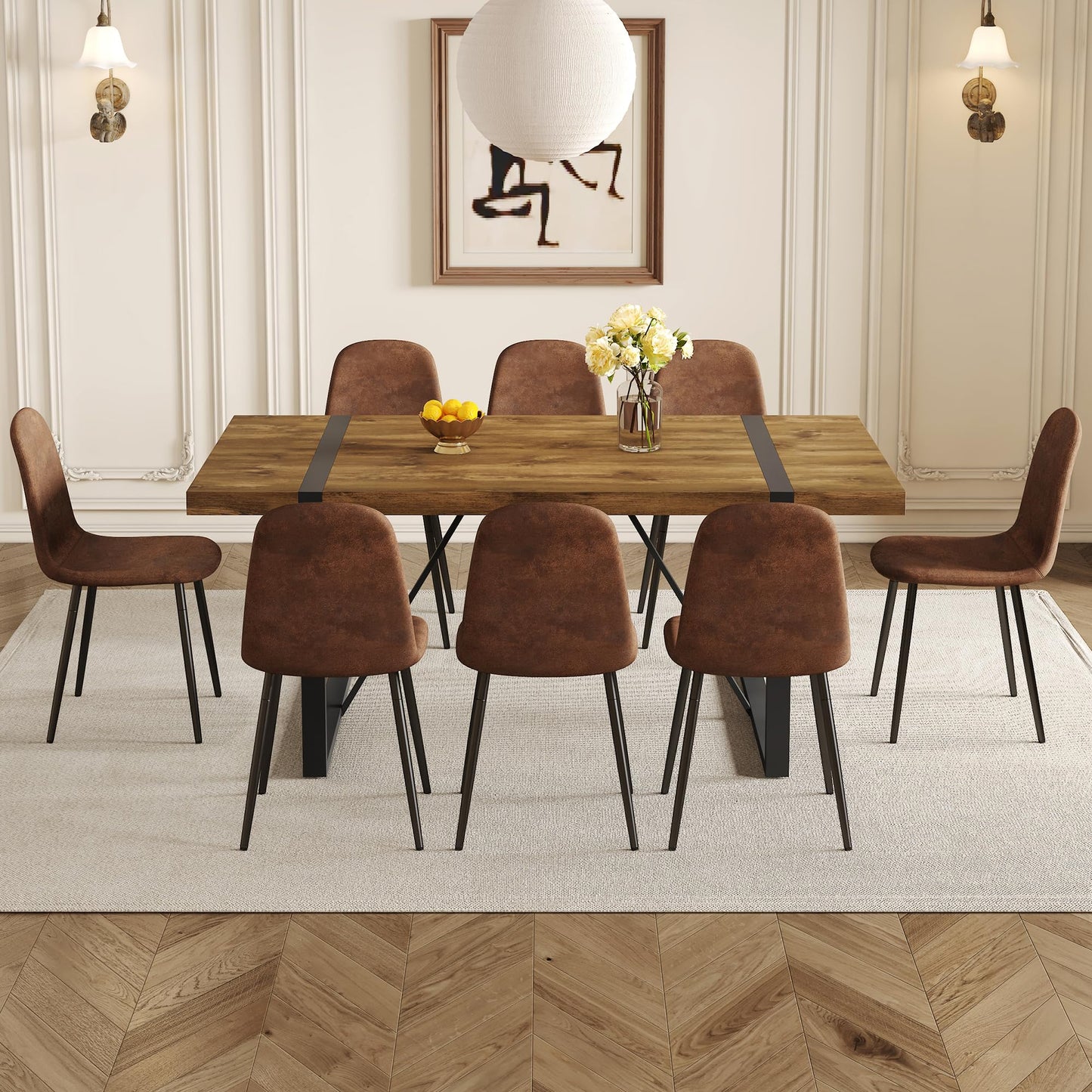 Ganooly Rustic 9 Piece Dining Room Table Set for 8 People, Mid Century Modern 71 Inch Rectangle Wood Kitchen Dining Table with 8 Fabric Chairs Set, Suitable for Kitchen Dining Room Apartment - WoodArtSupply