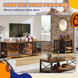 75'' Dog Crate Furniture Large Storage TV Stand with Dual Cushion / 4 Bowls/Double Rooms, Wooden Dog Kennel Dog Crate End Table with Removable Divider for Large Medium Dogs, Rustic Brown NASHZEN