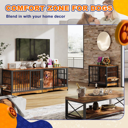 75'' Dog Crate Furniture Large Storage TV Stand with Dual Cushion / 4 Bowls/Double Rooms, Wooden Dog Kennel Dog Crate End Table with Removable Divider for Large Medium Dogs, Rustic Brown