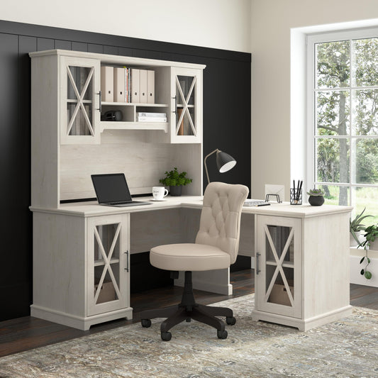 Bush Furniture Lennox 60W Farmhouse L Shaped Desk with Hutch and Storage Cabinets in Linen White Oak, Corner Computer Table for Home Office - WoodArtSupply