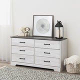 Prepac Rustic Ridge Farmhouse 6-Drawer Chest of Drawers for Bedroom, Wooden Bedroom Drawer Dresser with 6 Storage Drawers, 18.25in x 53.25in x 28.5in, Washed White, ADBR-1606-1 Prepac