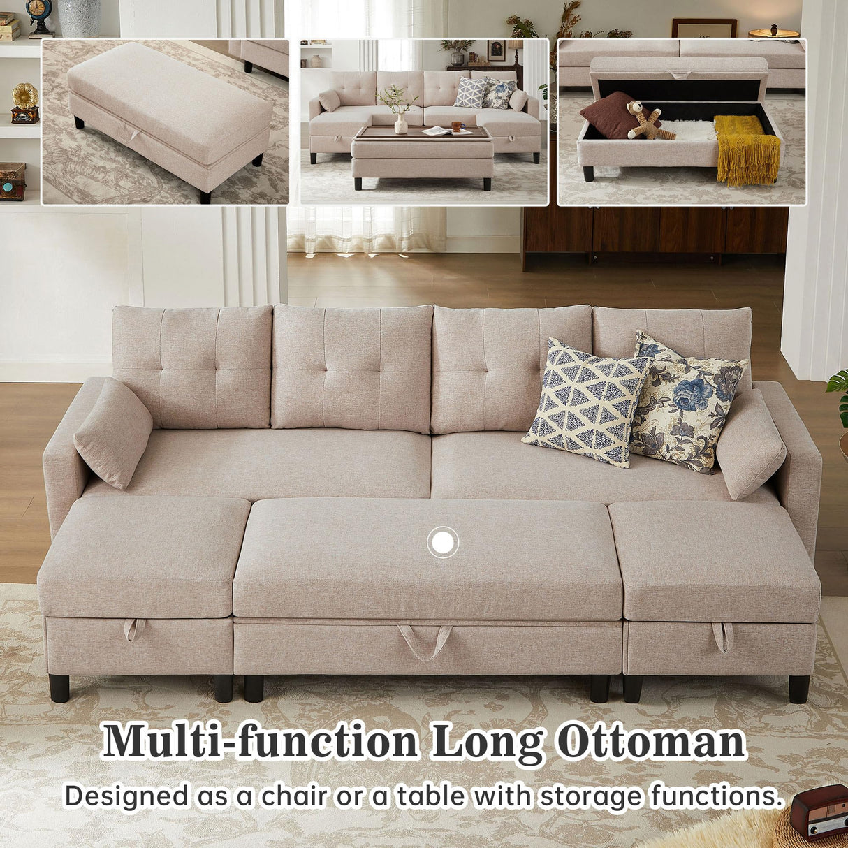 Pingliang Home 101" Convertible Sectional Sofa with Ottoman Coffee Table, Modern Linen Fabric U-Shaped Couch with Storage Pocket, 4 Seat Sofa Couches for Living Room, Apartment, Office, Beige Pingliang Home