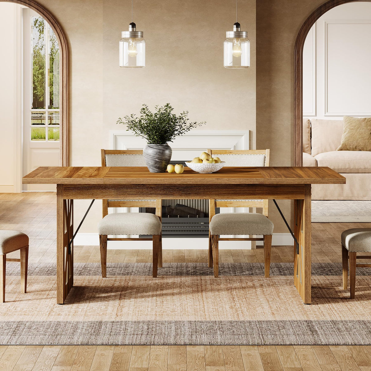 Tribesigns 62.4" Farmhouse Dining Table for 4-6 People, Rectangular Wooden Kitchen Dinner Table with Double Robust Pedestal for Dining Room, Living Room, Kitchen, Brown Tribesigns