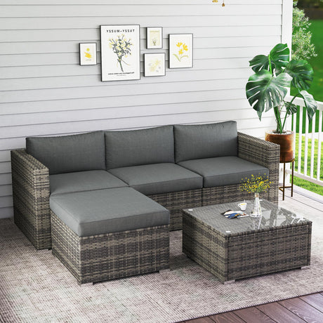 Wisteria Lane 5-Pieces Outdoor Patio Furniture Set, All Weather Wicker Rattan Sectional Sofa, Patio Conversation Set with Cushions & Glass Coffee Table for Backyard Porch Garden Balcony, Grey Wisteria Lane