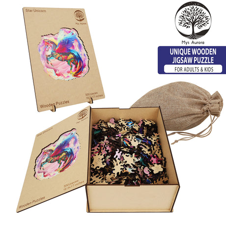 MYS Aurora Wooden Jigsaw Puzzles for Adults, Unicorn Jigsaw Puzzles 925 Pieces, Unique Animal Shaped Wooden Puzzles for Adults and Kids, Family Game 23.3x22.5 Inch Mys Aurora