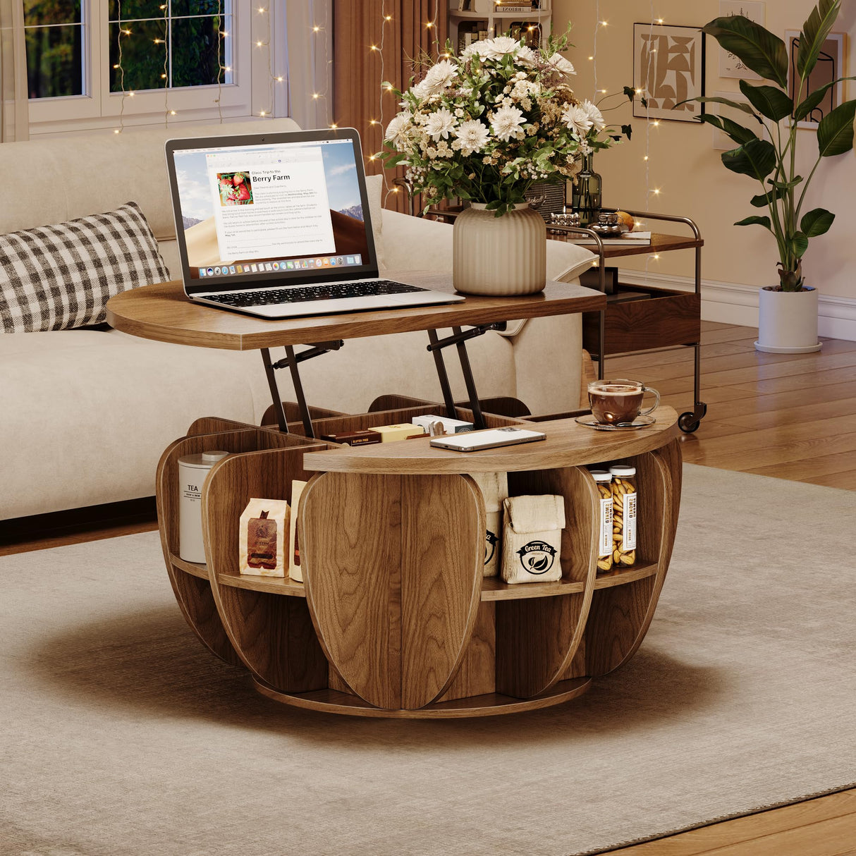 32.7" Lift Top Coffee Table with Storage, Wood Round Center Table with Hidden Storage Compartment & Shelves, Mid Century Modern Coffee Tables for Living Room Rustic Accent Small Center Table TOKSOM