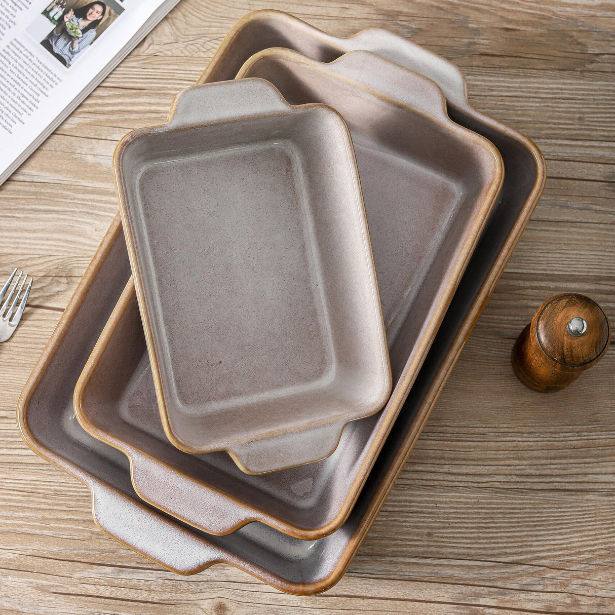HVH 9x13 Baking Dish Set, Large Casserole Dishes for Oven, Ceramic Bakeware Set of 3, Baking Dishes for Casseroles 13 x 9, Rectangular Lasagne Pan Deep for Baking (Sand Color) HVH