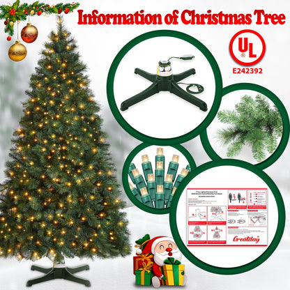 GREATDAY 7 Foot Artificial Pre-Lit Rotating Christmas Tree with Remote Control and Timer,W/500 Clear LED Lights,1000 Branch Tips PVC&Pine Needles Mix and 360-Degree Rotating Stand with Remote Control