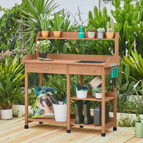 Yaheetech Potting Bench Outdoor Garden Work Bench Station Planting Solid Wood Construction for Horticulture w/Sink Drawer Rack Shelves Brown Yaheetech