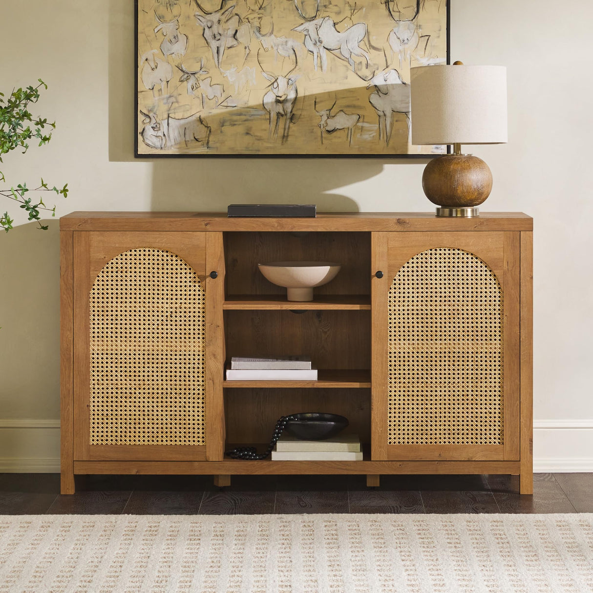Walker Edison Boho Arched Rattan 2-Door Sideboard, 58 Inch, English Oak Walker Edison