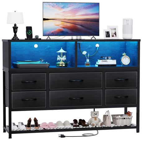 eiskah Black Dresser for Bedroom, 6 Drawers Led Dresser TV Stand with Power Outlets and LED Lights, Long Fabric Dressers Wide Chest of Drawers with Large Organizer Shoe Rack for Living Room, Entryway eiskah
