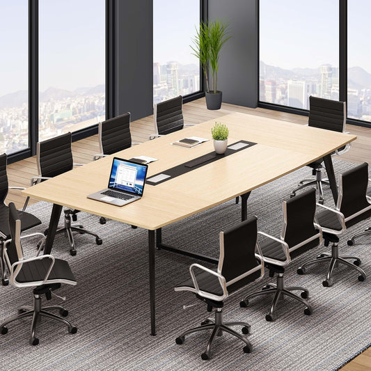 DWVO 8FT Conference Table, 94.5" Boat Shaped Meeting Table with Power Outlets & Rectangle Grommet, Modern Seminar Table for Office Conference Room, Boardroom Desk - WoodArtSupply