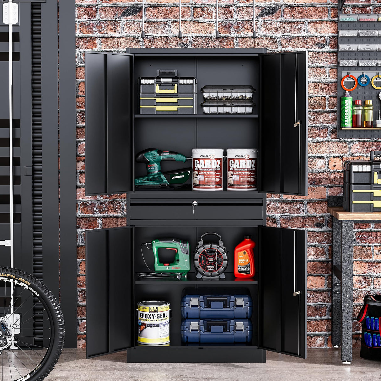 STANI Metal Garage Storage Cabinets with Drawer, 4 Doors Tool Storage Cabinet with 2 Adjustable Shelves, 71"-Lock Steel Locking Cabinet for Garage Utility Room Home Office (Black, 0 Wheel-71 H) STANI