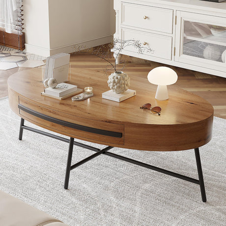 GarveeHome Oval Coffee Table with Drawer Mid-Century Modern Center Table 47.2" Wooden Coffee Table with Storage and Cross Metal Legs Unique Curved Design for Living Room GarveeHome